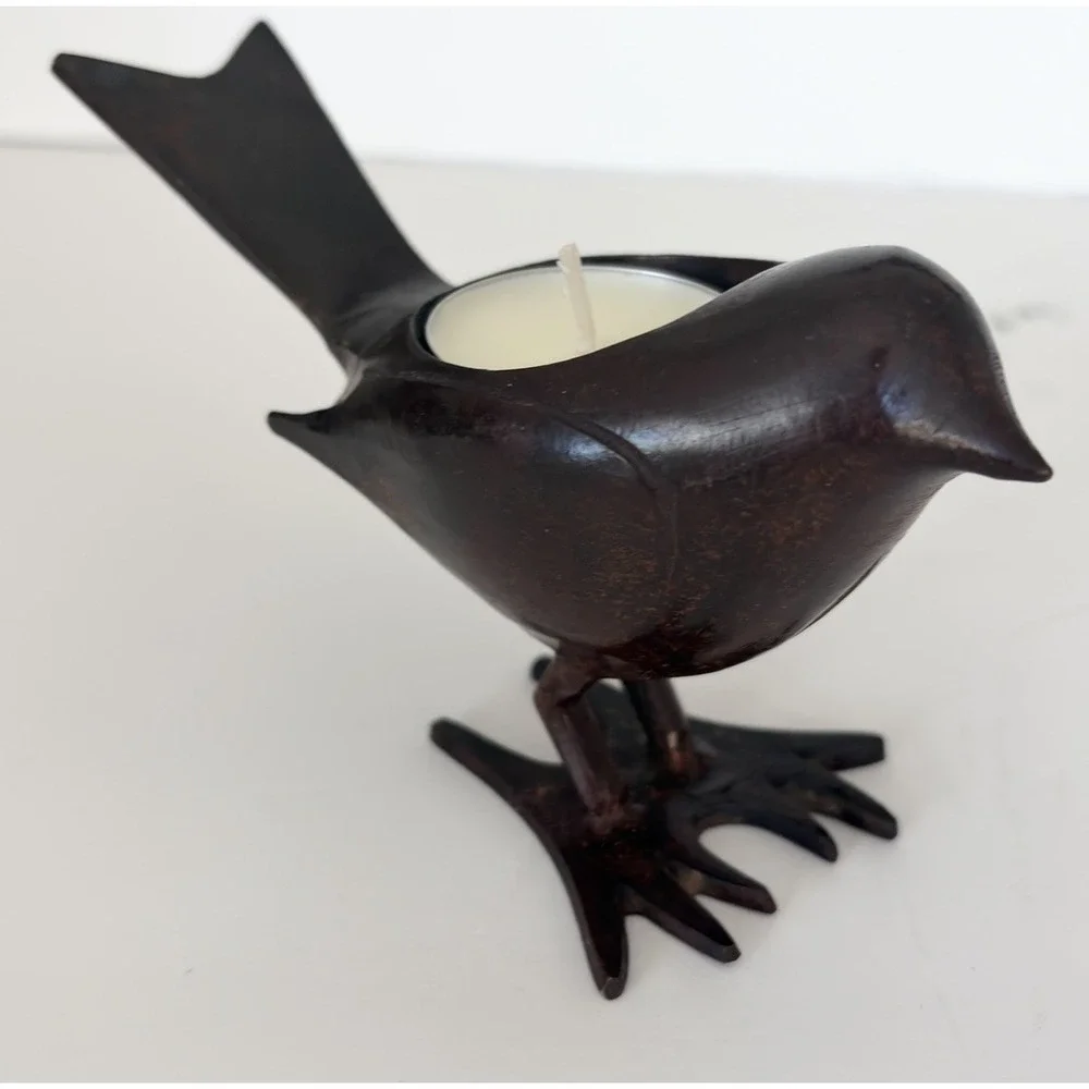 Metal Cast Iron Bird Decor Candle Holder Tealight India Burnished Brown Rustic‎